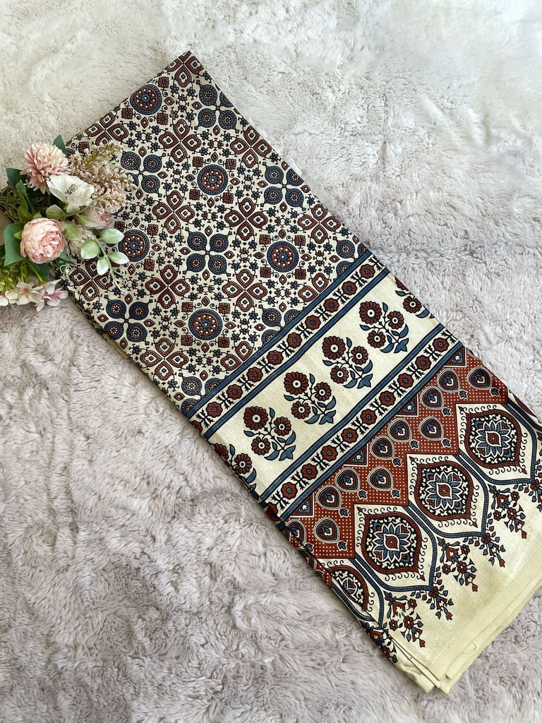 Ajrakh Handblock Printed Mashru Silk Fabric 4215