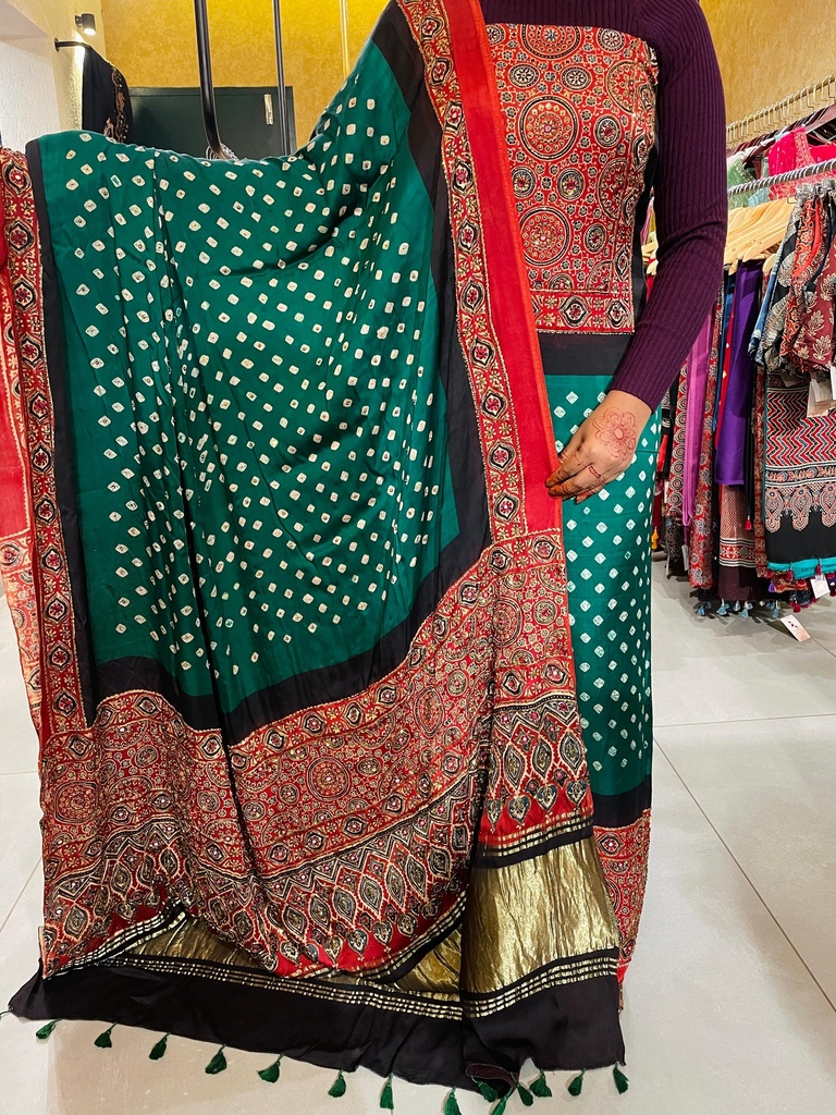 Ajrakh Bandhani Silk Top and Dupatta Set 5012