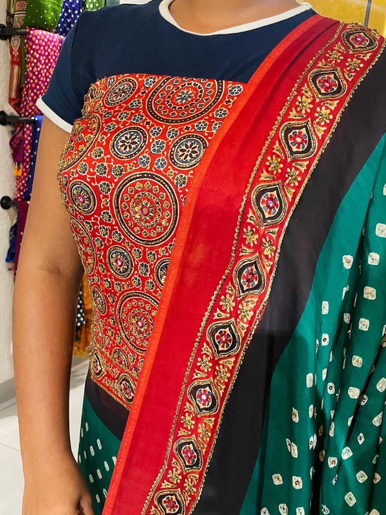 Ajrakh Bandhani Silk Top and Dupatta Set 5012