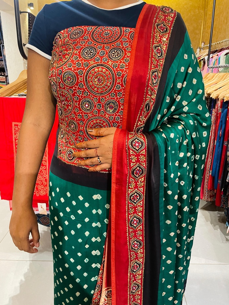 Ajrakh Bandhani Silk Top and Dupatta Set 5012