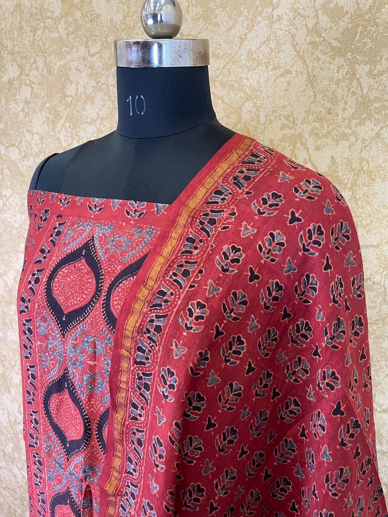 Ajrakh Chanderi Silk Cotton Top And Dupatta 4246