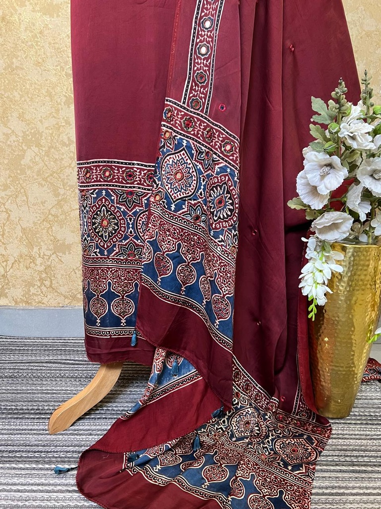 Premium Ajrakh Modal Silk Top and Dupatta Sets 5012
