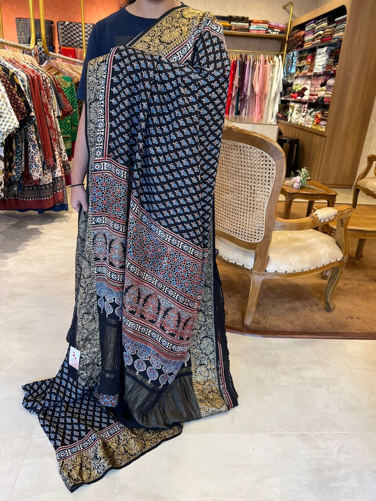 Premium Ajrakh Dola Silk Saree 5033
