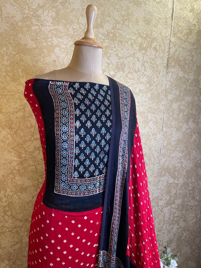 Ajrakh Bandhani Modal Silk Top and Dupatta Sets 5012 