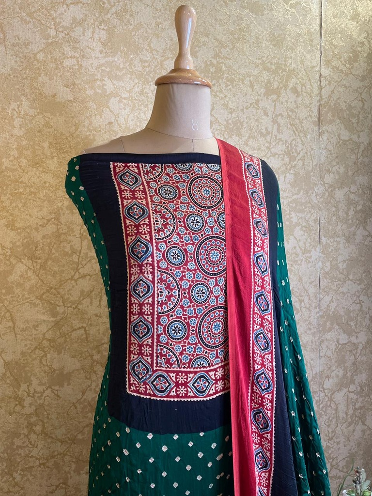 Ajrakh Bandhani Modal Silk Top and Dupatta Sets 5012 