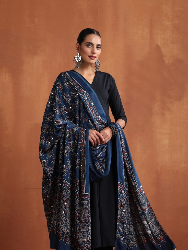 Ajrakh Mirror work  Silk Dupatta 5035 
