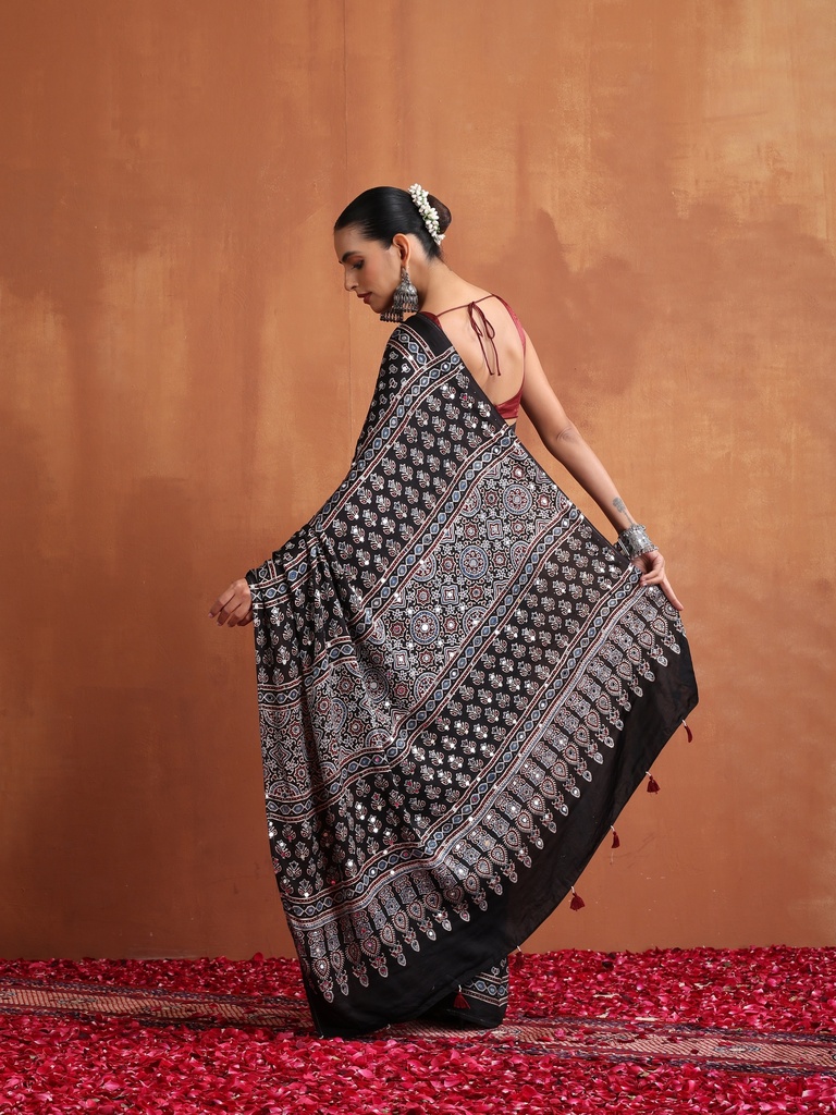 Ajrakh Mirror Saree 5036