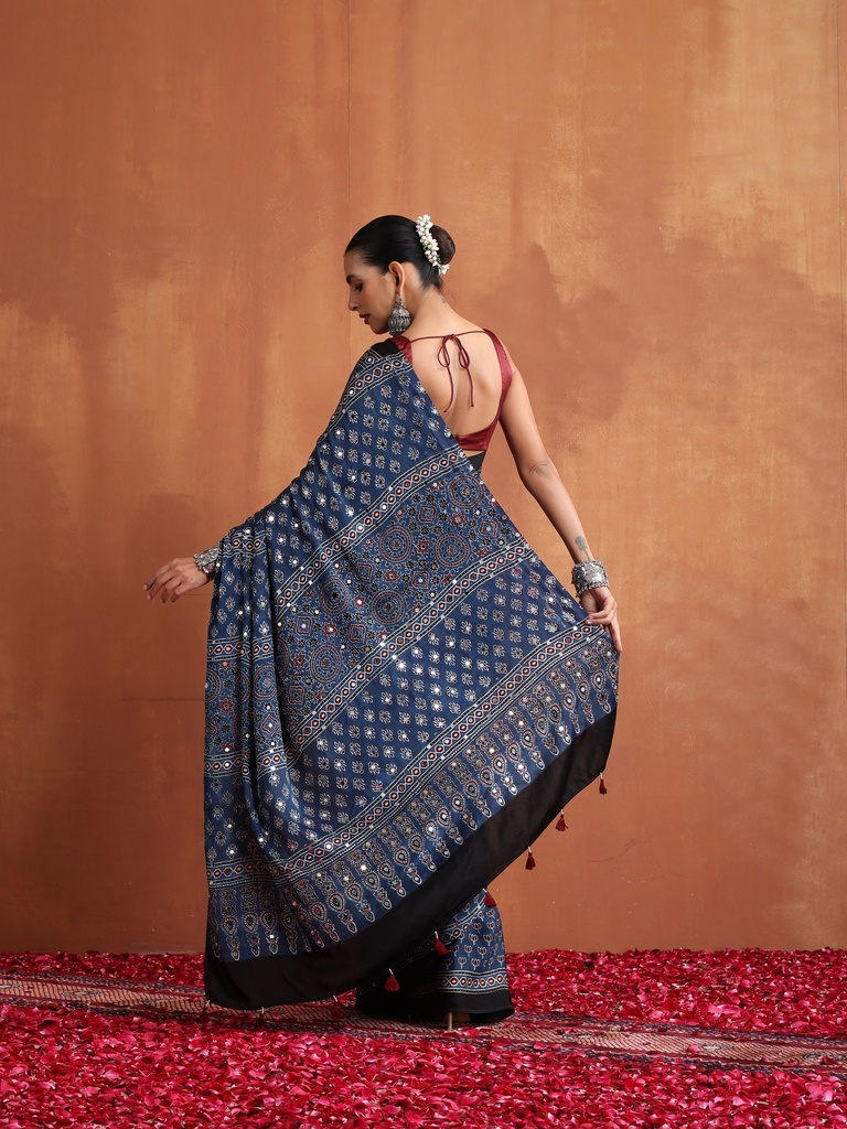 Ajrakh Mirror Saree 5036