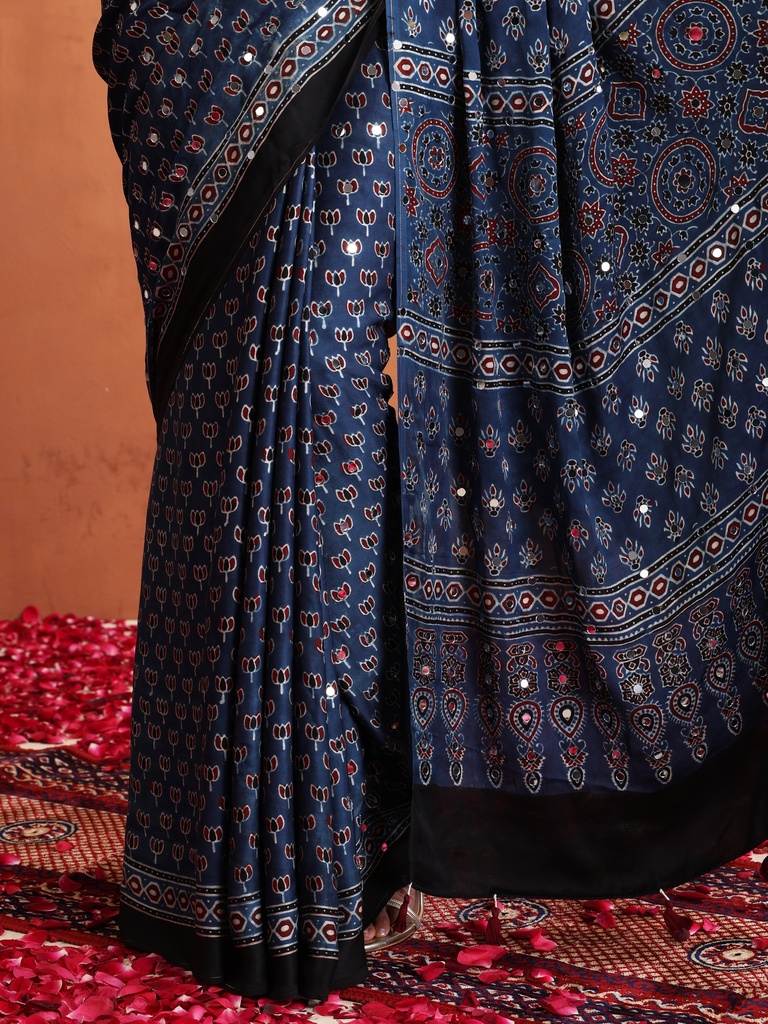 Ajrakh Mirror Saree 5036