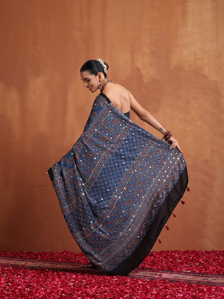 Ajrakh Modal Silk Mirror Saree 5036