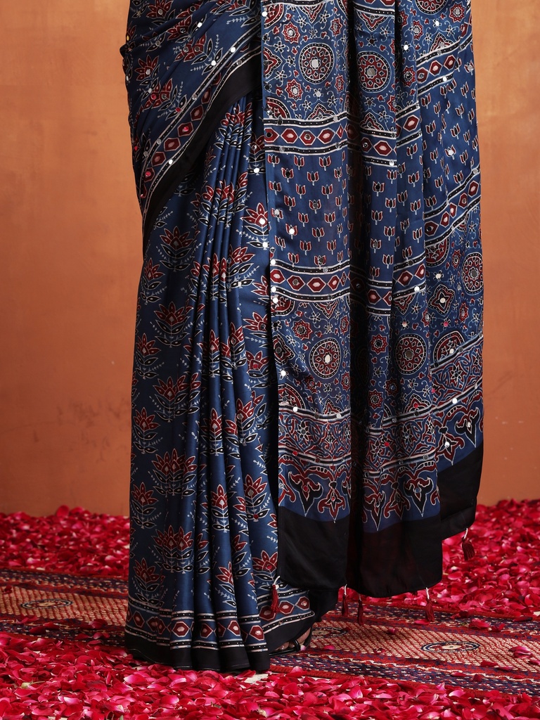 Ajrakh Modal Silk Mirror Saree 5036