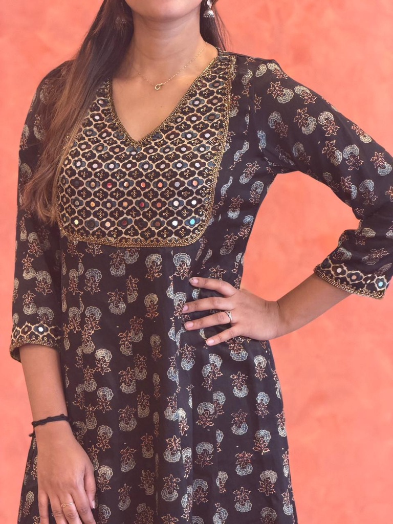 Ajrakh Handwork Anarkali Kurti 5028 Black