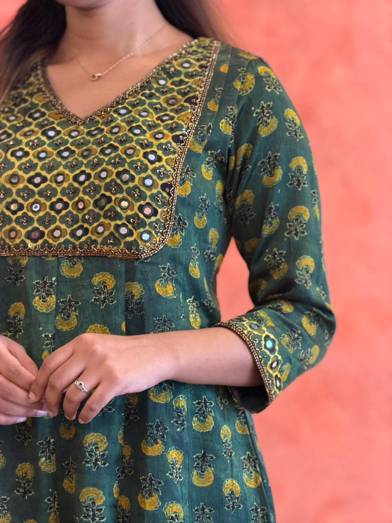Ajrakh Handwork Anarkali Kurti 5028 Green
