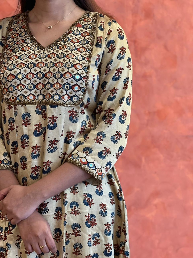 Ajrakh Handwork Anarkali Kurti 5028 Ivory