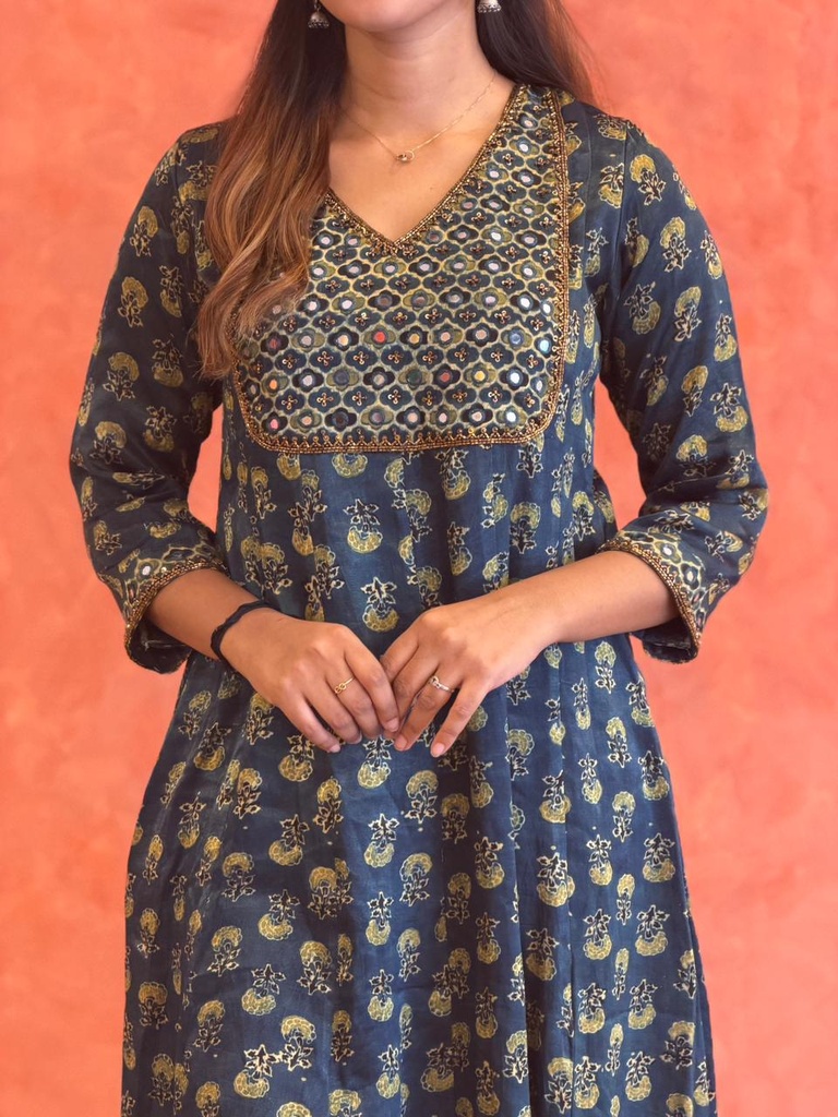 Ajrakh Handwork Anarkali Kurti 5028 Olive Blue