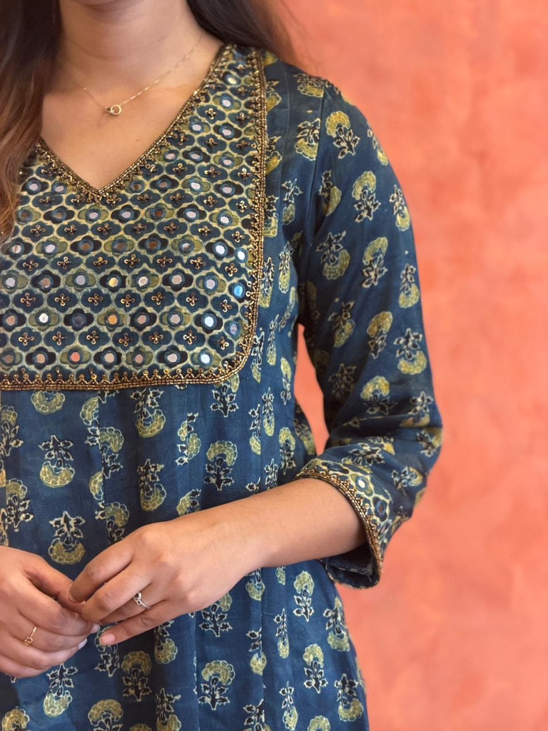 Ajrakh Handwork Anarkali Kurti 5028 Olive Blue