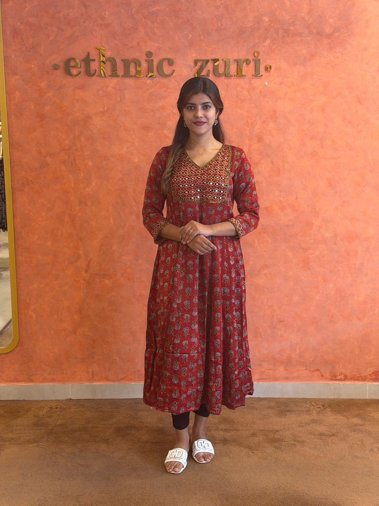 Ajrakh Handwork Anarkali Kurti 5028 Red