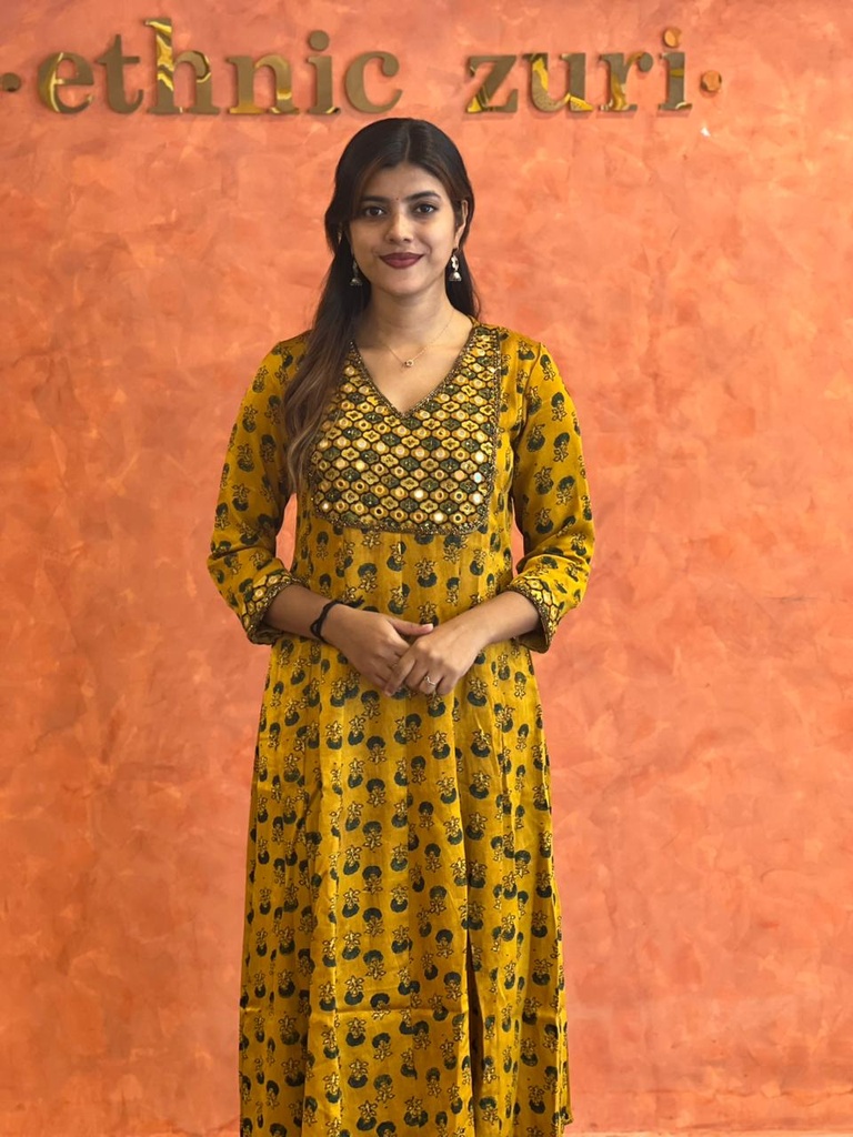 Ajrakh Handwork Anarkali Kurti 5028 Yellow