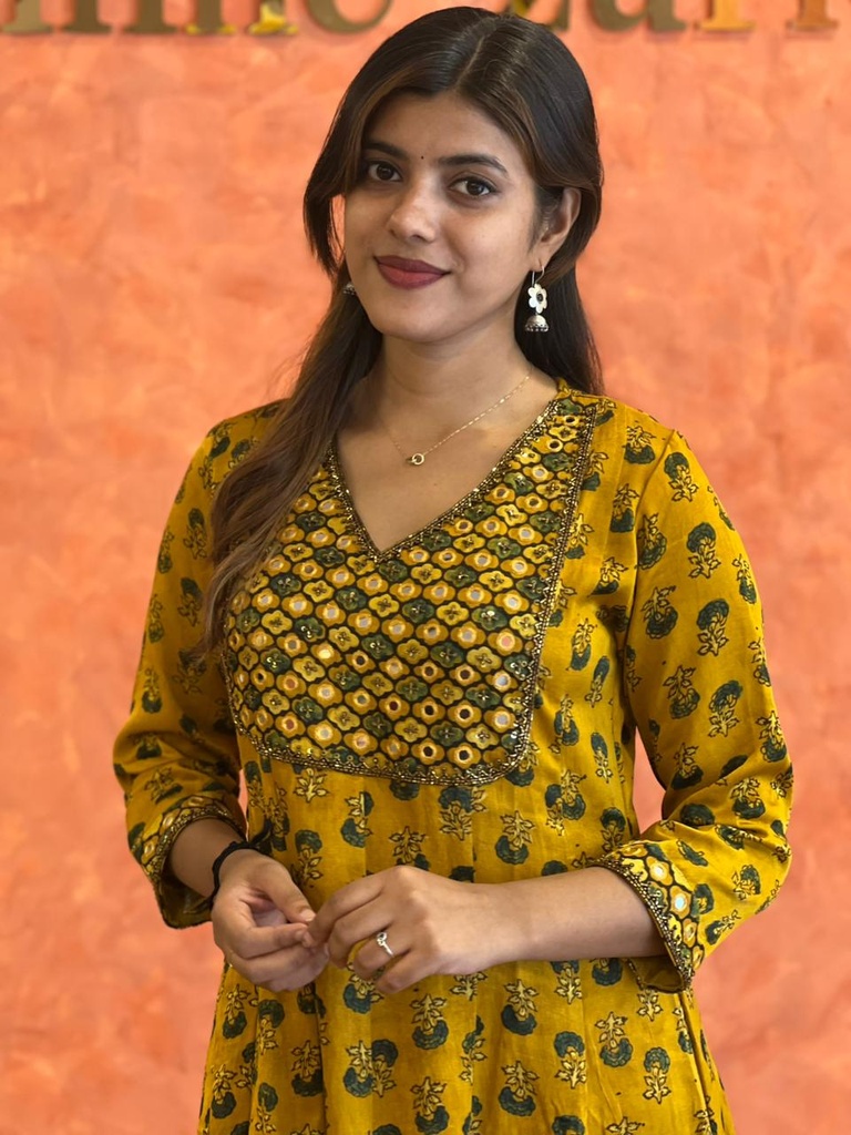 Ajrakh Handwork Anarkali Kurti 5028 Yellow