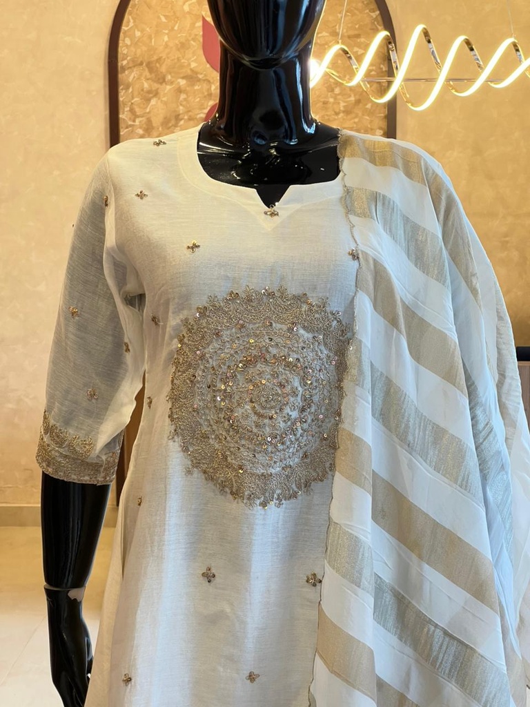 Premium Mul Chanderi Kurti Set 5046 Offwhite