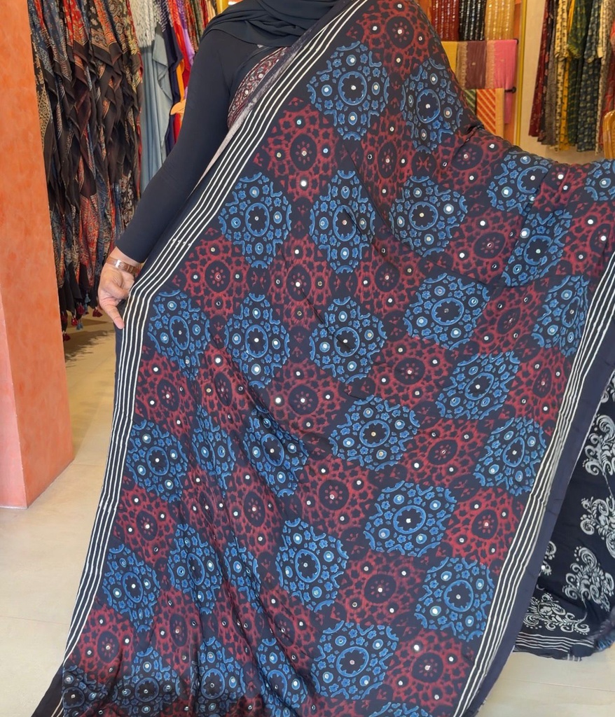 Ajrakh Silk Mirror Sarees 5036 BLACK