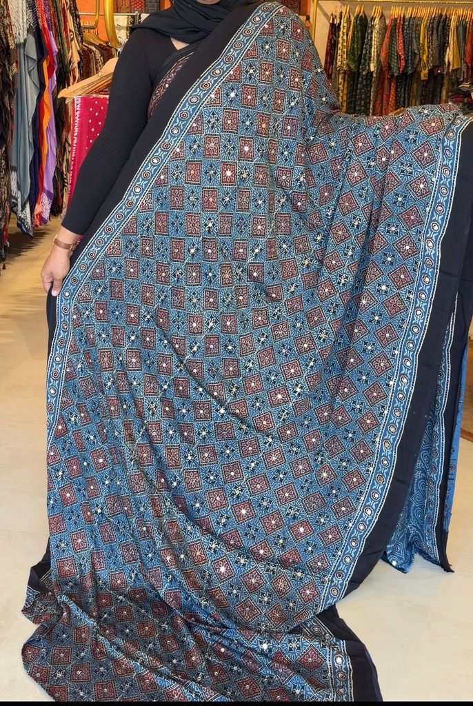 Ajrakh Silk Mirror Sarees 5036 BLUE