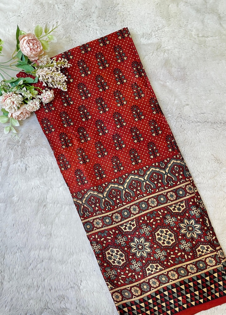 Ajrakh Handblock Printed Mashru Silk Fabric 4215