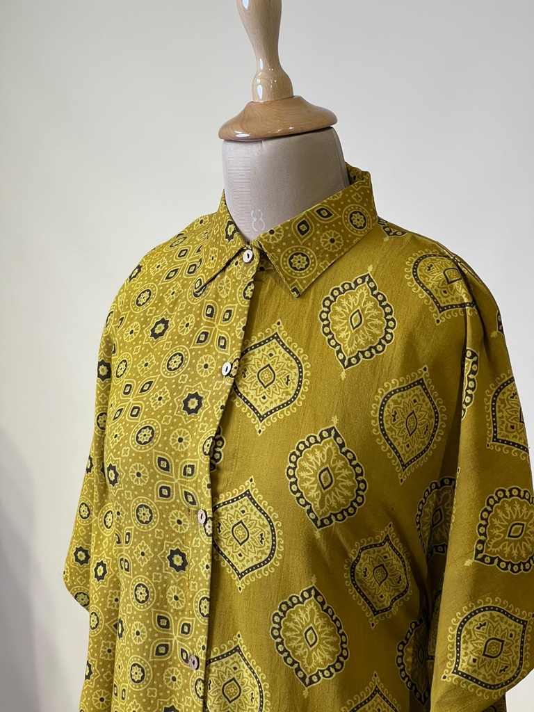 Ajrakh Kaftan Style Cotton Dress YELLOW