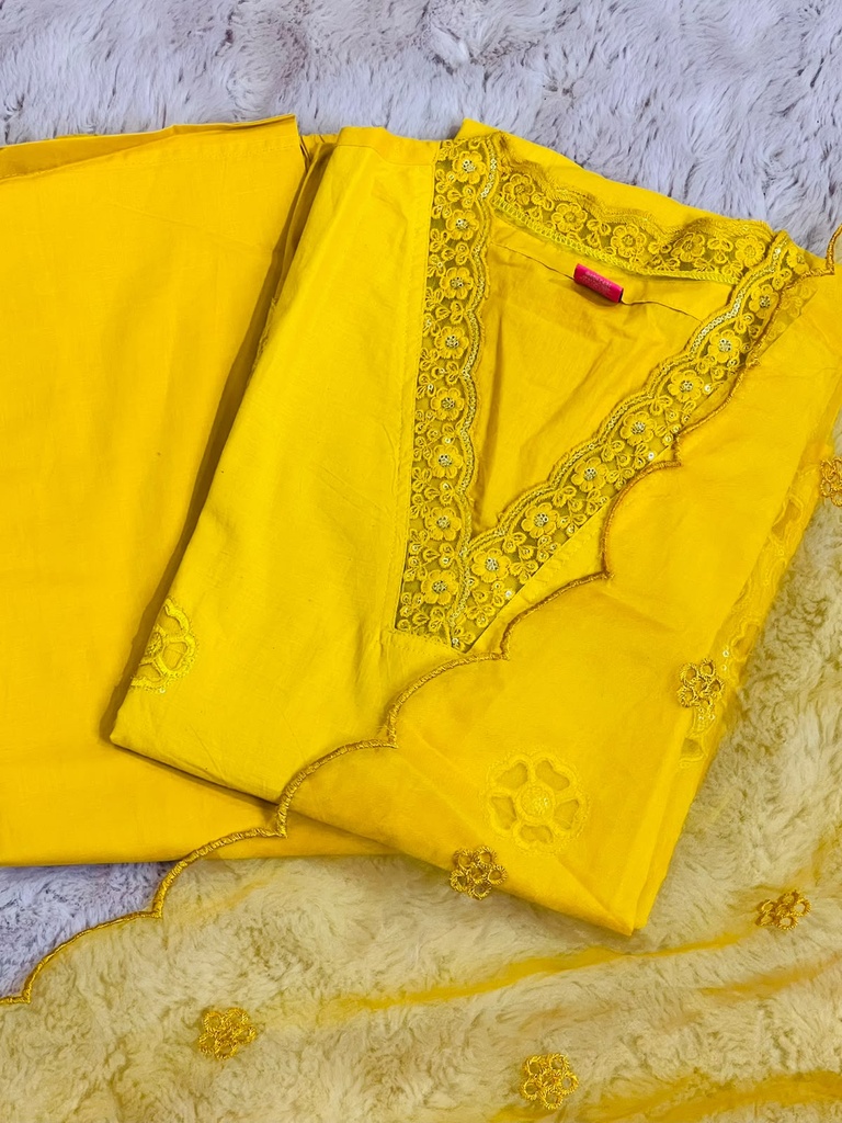 Premium Cotton embroidered Kurti set 5043 YELLOW