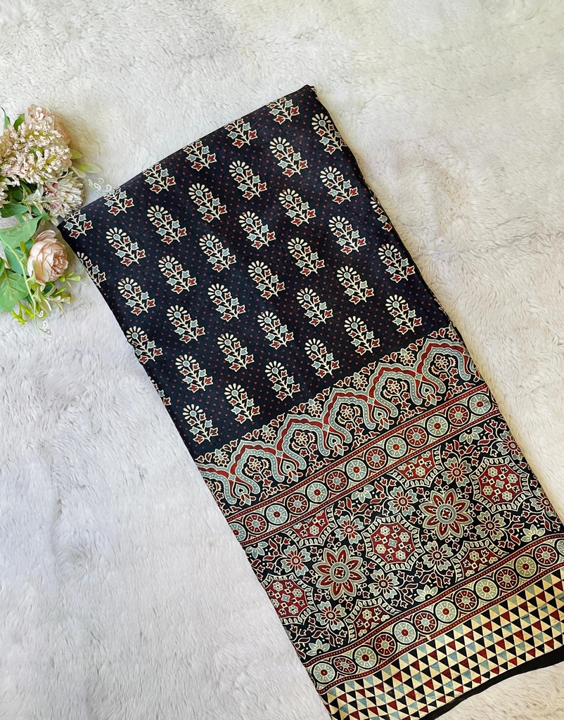 Ajrakh Handblock Printed Mashru Silk Fabric 4215
