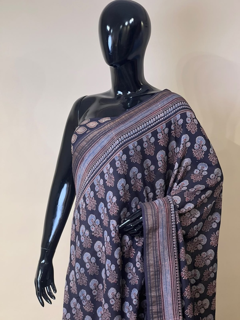 Ajrakh Maheshwari Silk Sarees 5028