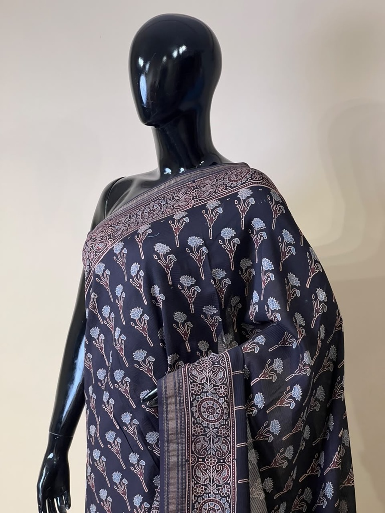 Ajrakh Maheshwari Silk Sarees 5028 BLACK 2