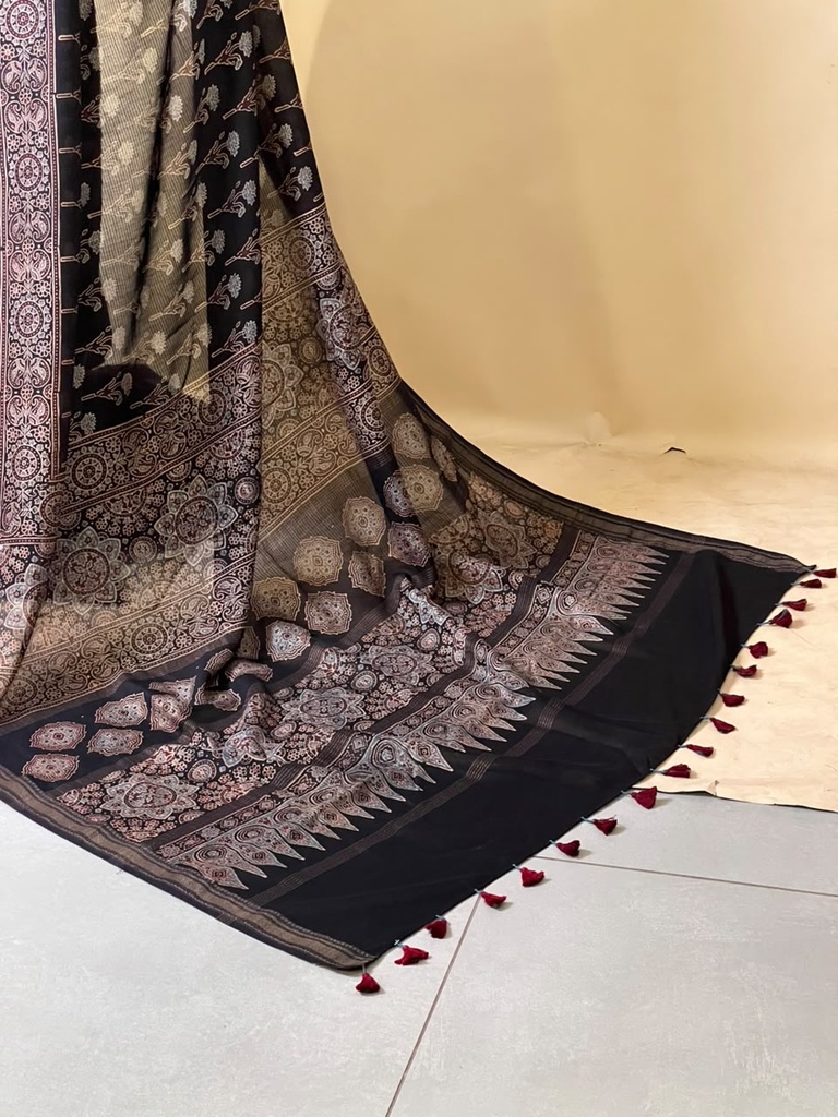Ajrakh Maheshwari Silk Sarees 5028 BLACK 2