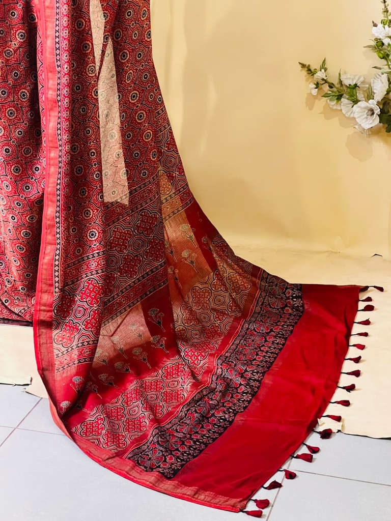 Ajrakh Maheshwari Silk Sarees 5028 RED 1
