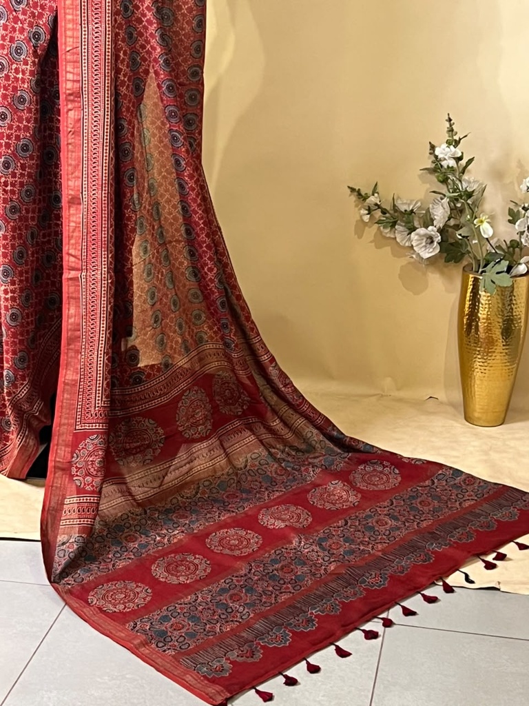 Ajrakh Maheshwari Silk Sarees 5028 RED 2