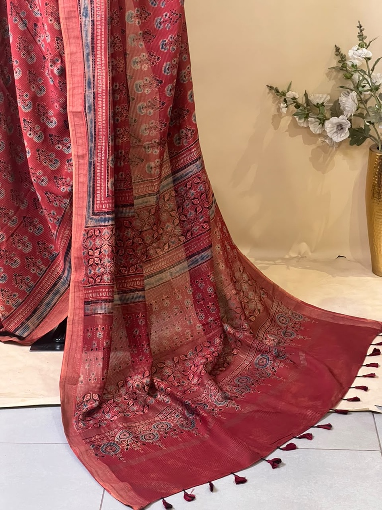 Ajrakh Maheshwari Silk Sarees 5028 RED 3