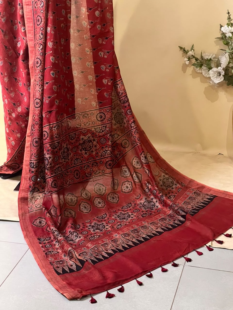 Ajrakh Maheshwari Silk Sarees 5028