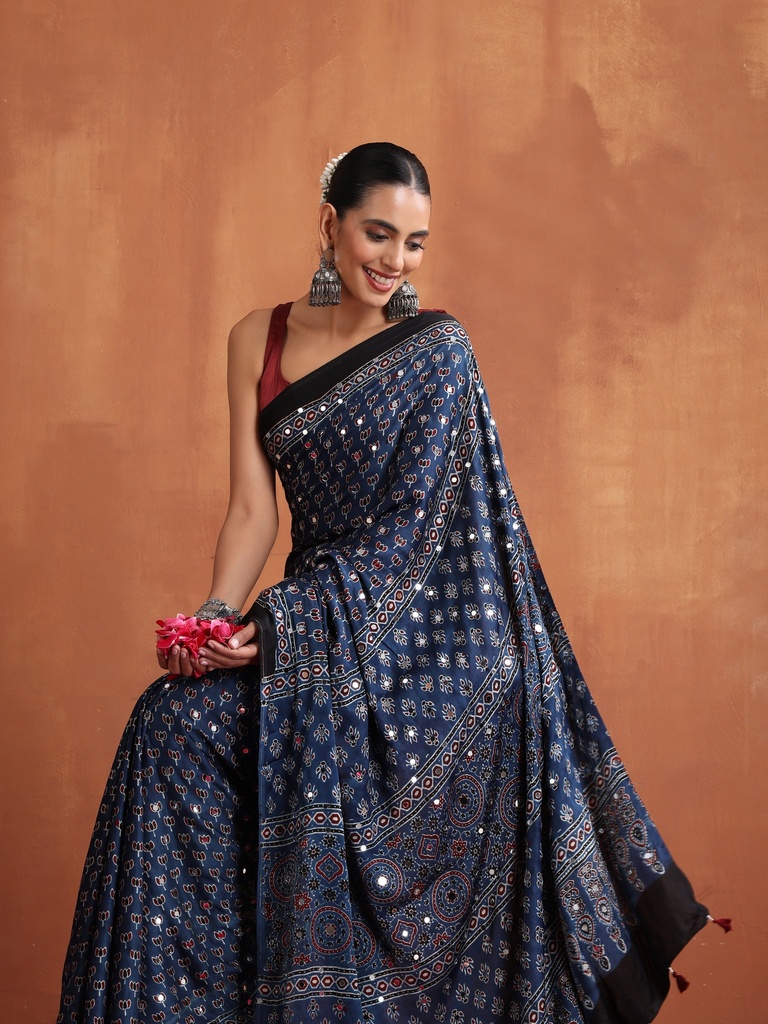 Ajrakh Mirror Saree 5036