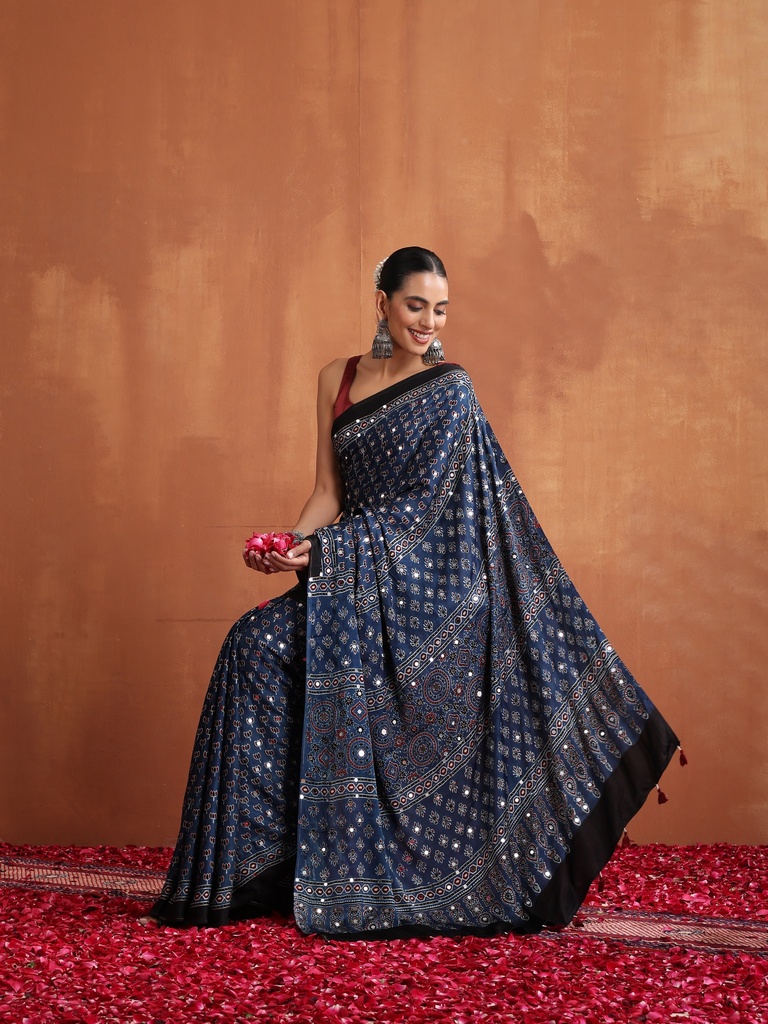 Ajrakh Mirror Saree 5036