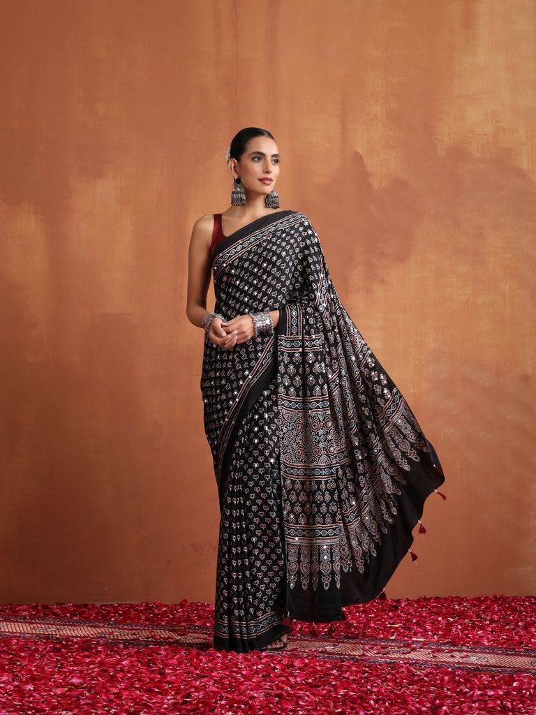 Ajrakh Mirror Saree 5036