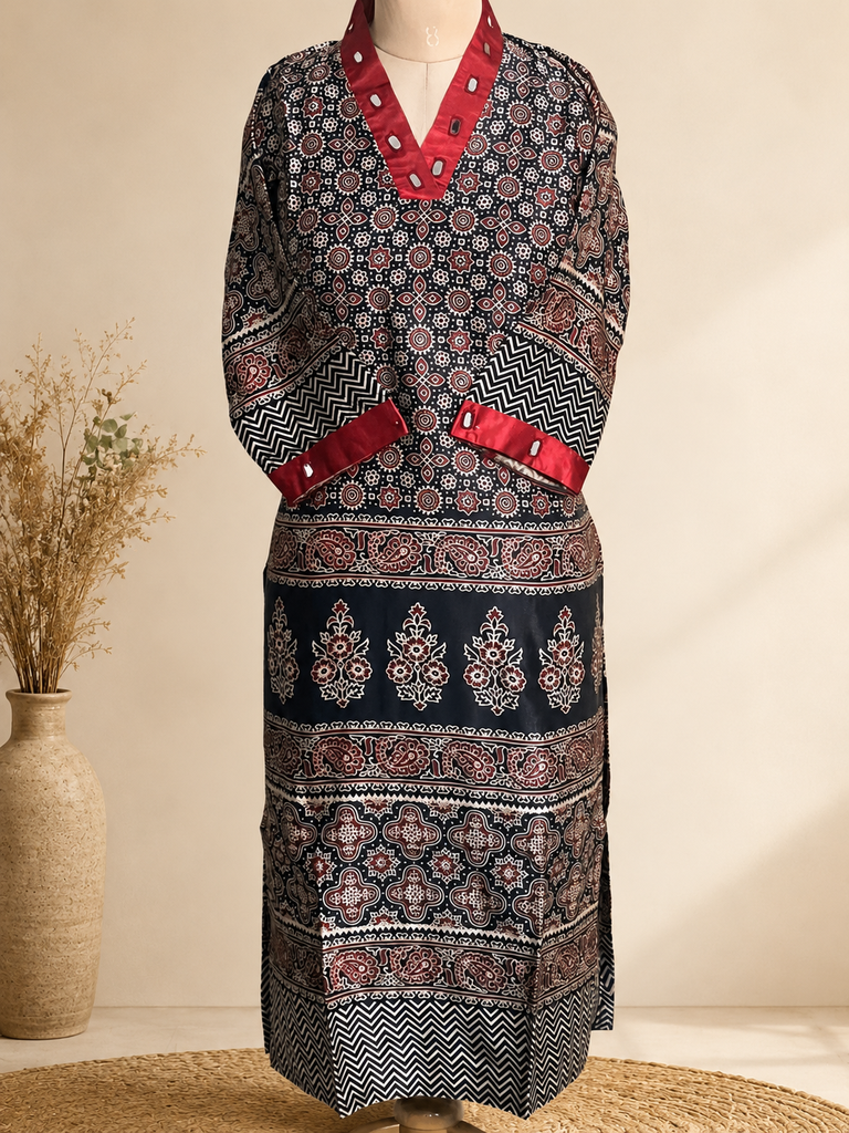 Ajrakh Mashru Silk Kurti 5053 BLACK