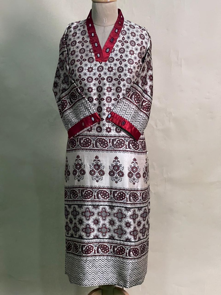 Ajrakh Mashru Silk Kurti 5053 IVORY