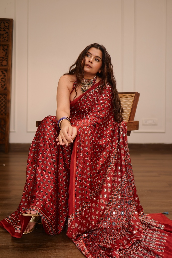 Ajrakh Silk Mirror Saree 5036