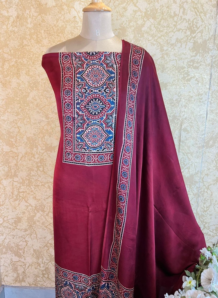 Ajrakh Modal Silk Top and Dupatta Set 5048