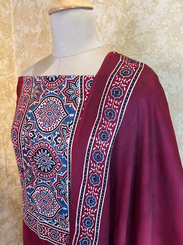 Ajrakh Modal Silk Top and Dupatta Set 5048