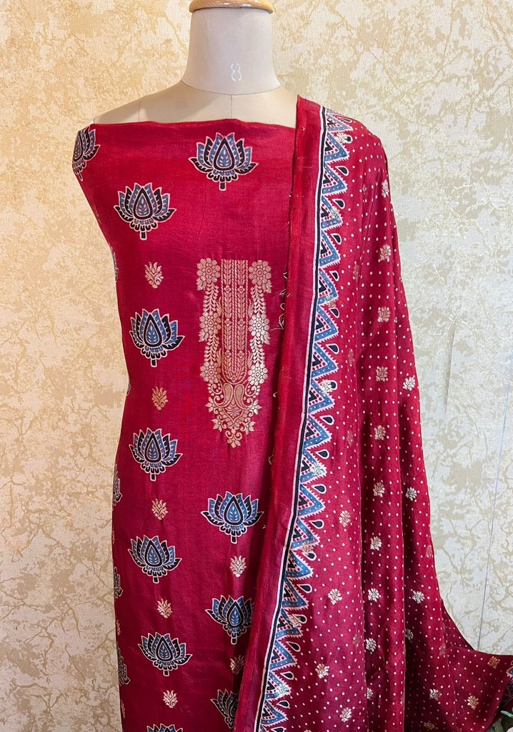 Ajrakh Dola Silk Top and Dupatta Set 5048