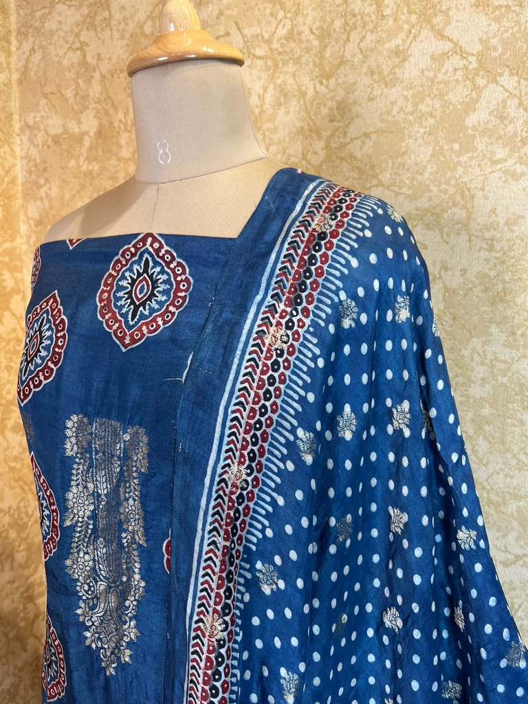 Ajrakh Dola Silk Top and Dupatta Set 5048