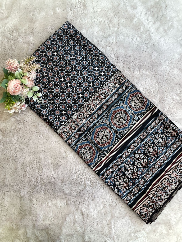 Ajrakh Handblock Printed Mashru Silk Fabric 4215