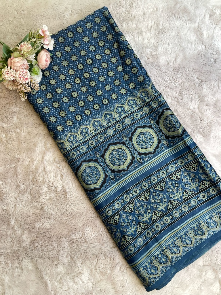 Ajrakh Handblock Printed Mashru Silk Fabric 4215