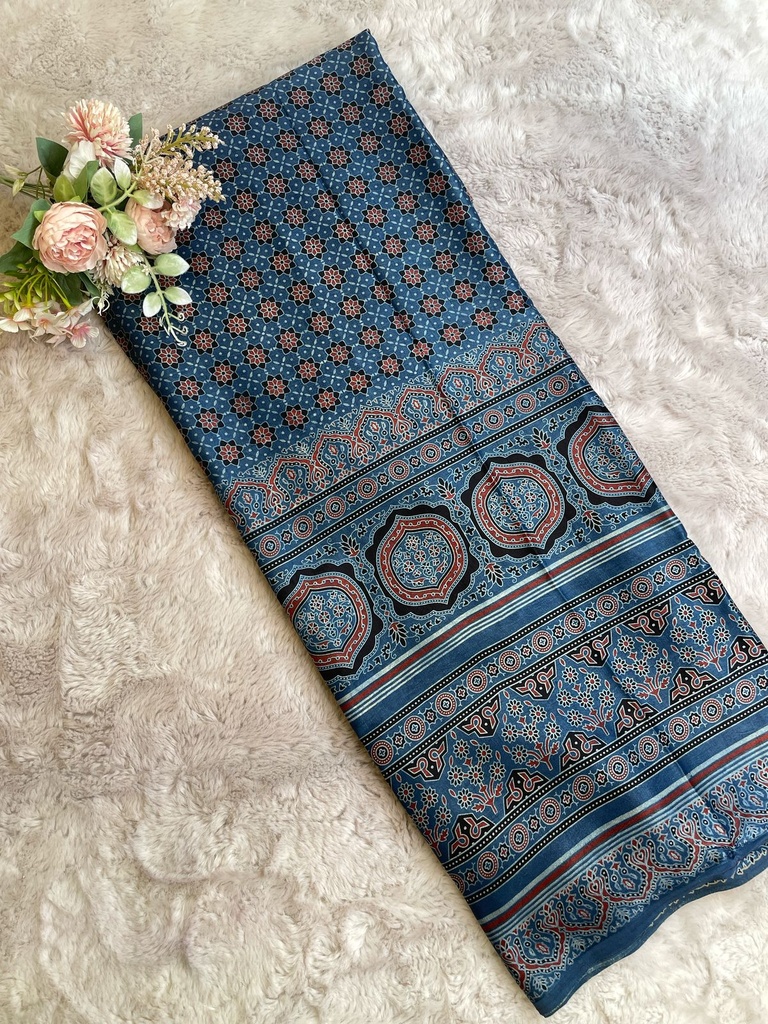 Ajrakh Handblock Printed Mashru Silk Fabric 4215